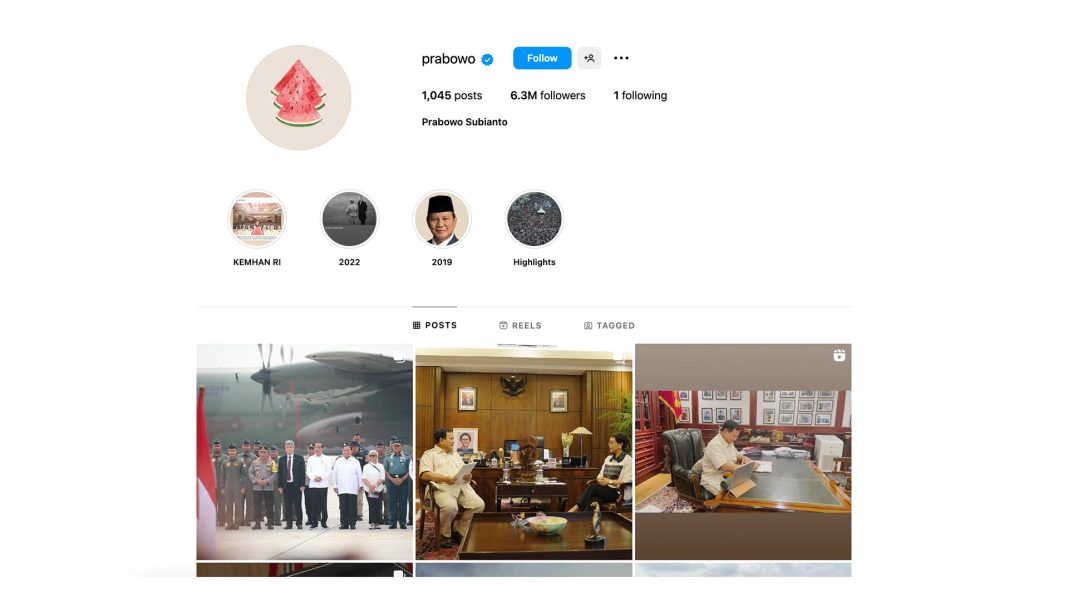 Tangkapan layar akun Instagram Prabowo Subianto, Menteri Pertahanan RI.