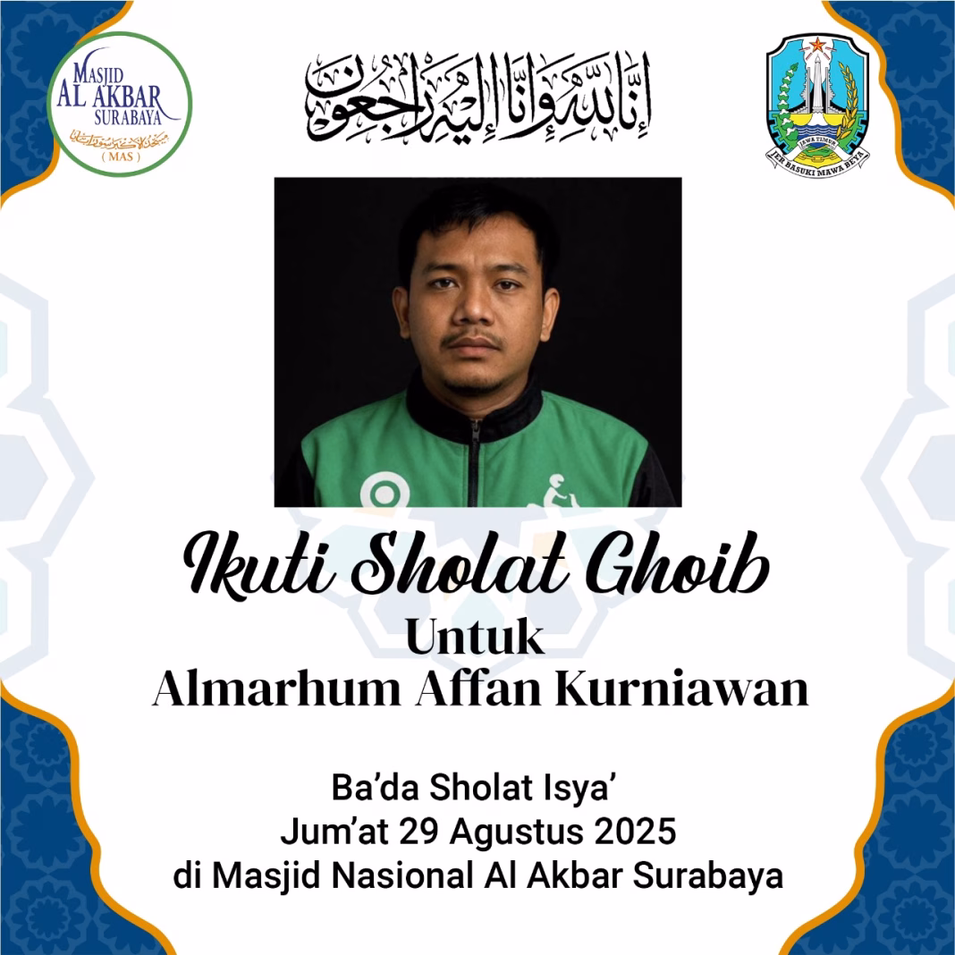 Pemprov Jatim Gelar Sholat Ghoib Affan Kurniawan di Masjid Al Akbar Surabaya