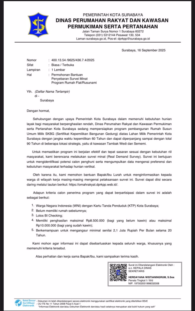 Surat Edaran Rusunami Surabaya Tuai Kritik DPRD Soal Syarat Penghasilan